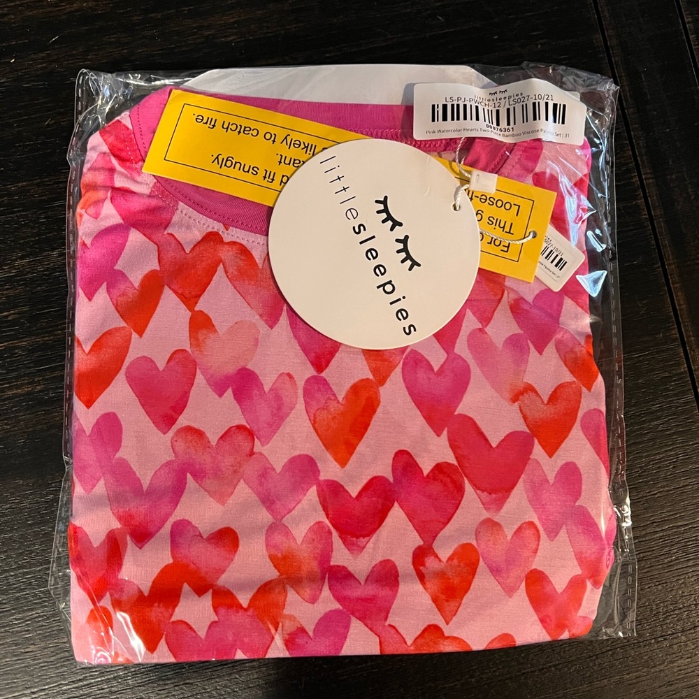 Little Sleepies Pink Watercolor Hearts PJ Set 3T. NIB.
